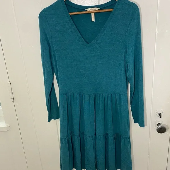 MATILDA JANE Tiered Knit Dress Teal Modal Long Sleeves Vneck Boho Cottagecore S - Picture 2 of 10